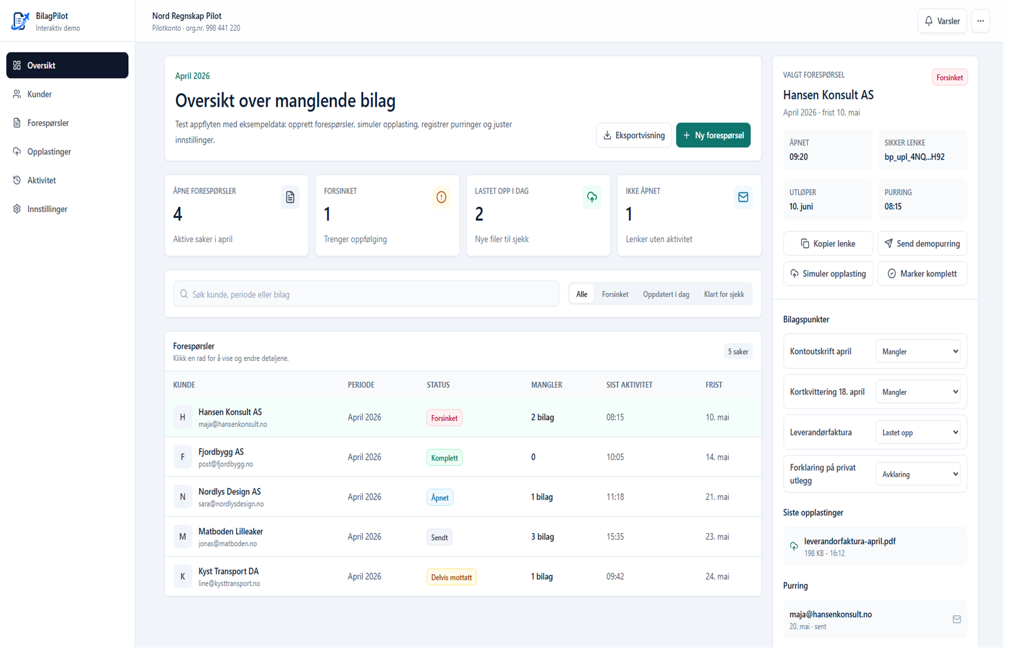 BilagPilot-dashboard med oversikt over manglende bilag